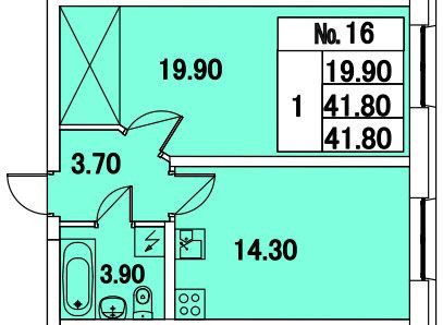 Однокомнатная квартира 41.8 м²