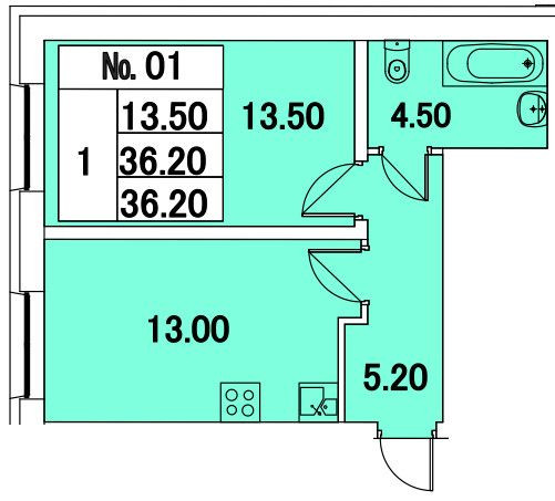 Однокомнатная квартира 36.2 м²