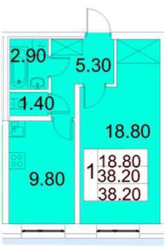 Однокомнатная квартира 38.2 м²