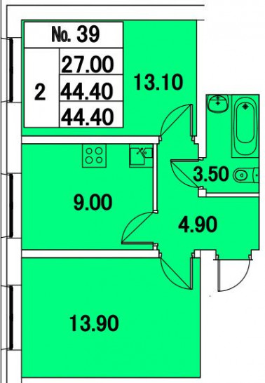 Двухкомнатная квартира 44 м²