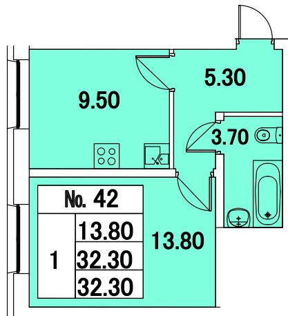 Однокомнатная квартира 32 м²