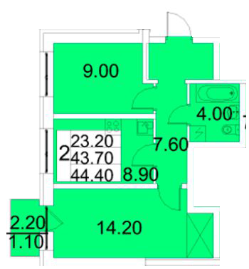 Двухкомнатная квартира 44.4 м²