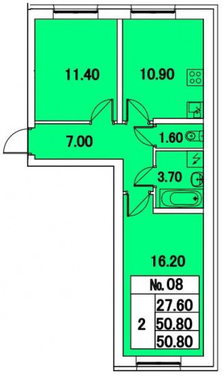 Двухкомнатная квартира 50.8 м²