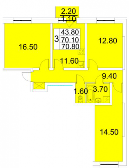 Трёхкомнатная квартира 70.8 м²