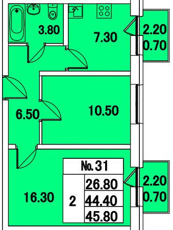 Двухкомнатная квартира 45.8 м²