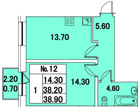 Однокомнатная квартира 38.9 м²