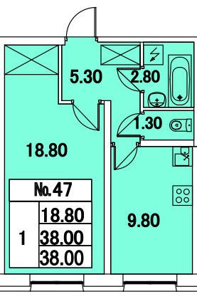 Однокомнатная квартира 38 м²