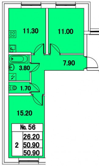 Двухкомнатная квартира 50.9 м²