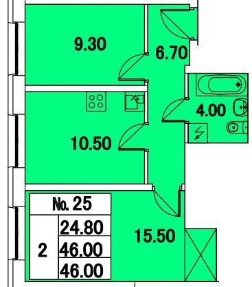 Двухкомнатная квартира 46 м²