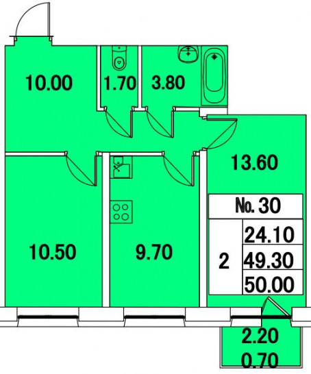 Двухкомнатная квартира 50 м²