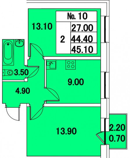 Двухкомнатная квартира 45.1 м²