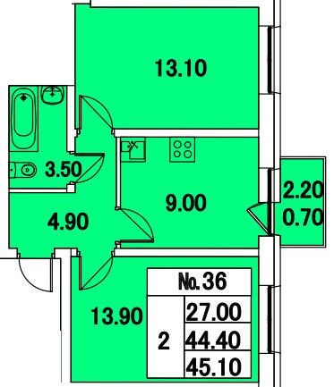 Двухкомнатная квартира 45.1 м²