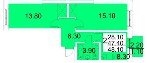 Двухкомнатная квартира 48.1 м²