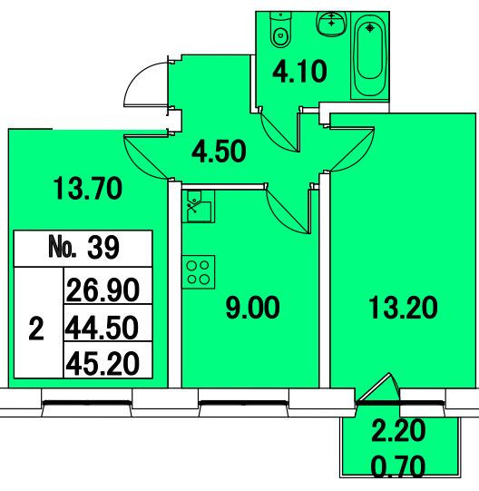 Двухкомнатная квартира 45.2 м²