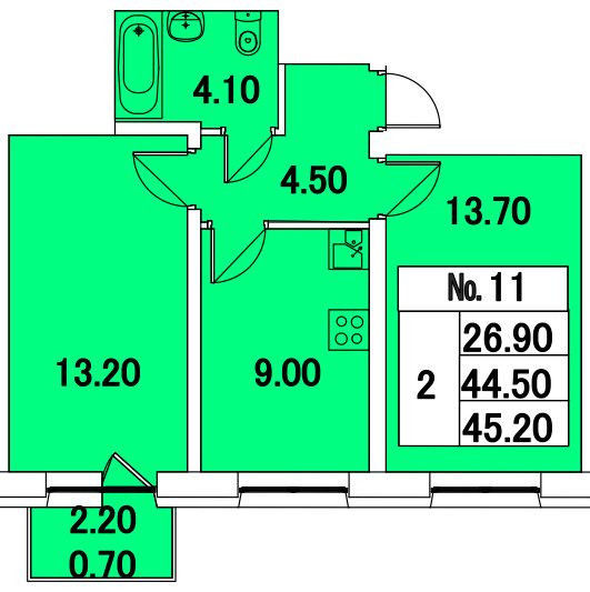 Двухкомнатная квартира 45 м²