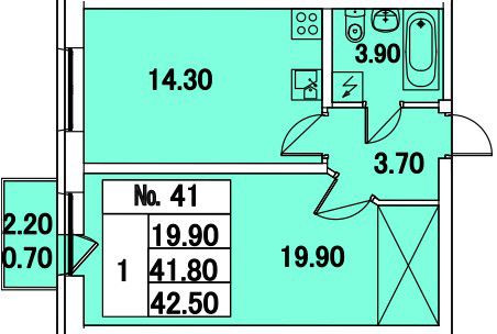 Однокомнатная квартира 42.5 м²