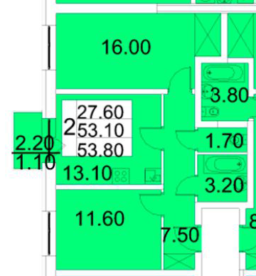 Двухкомнатная квартира 53.8 м²