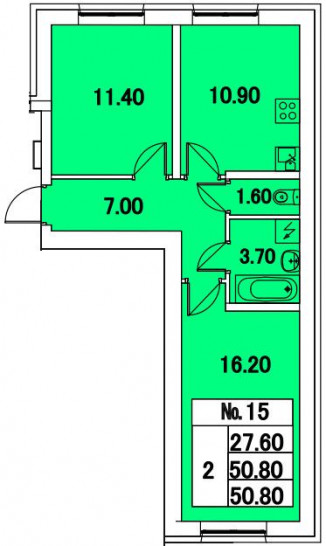 Двухкомнатная квартира 50.8 м²