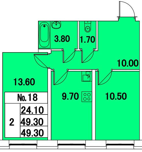 Двухкомнатная квартира 49.3 м²