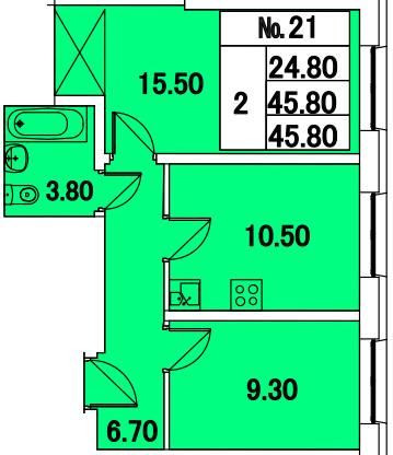 Двухкомнатная квартира 45.8 м²