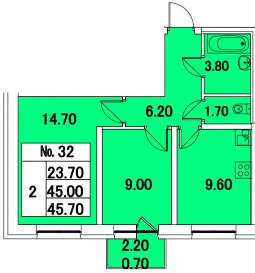 Двухкомнатная квартира 45 м²