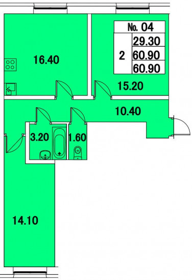 Двухкомнатная квартира 60 м²