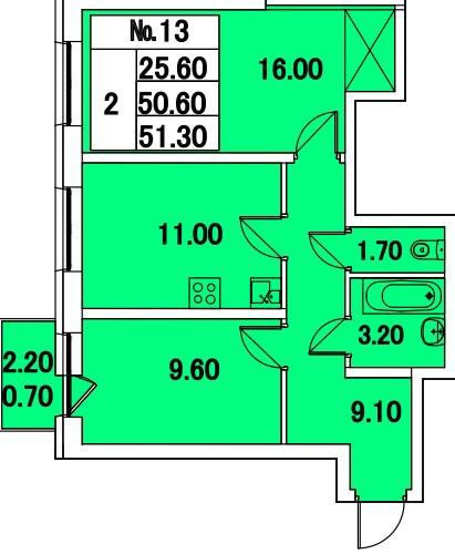 Двухкомнатная квартира 51.3 м²
