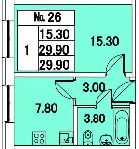 Однокомнатная квартира 29.9 м²