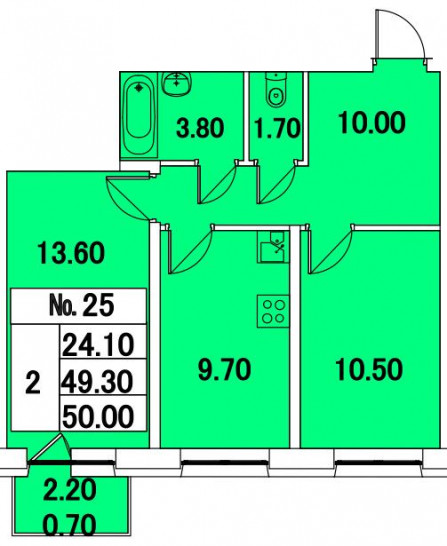 Двухкомнатная квартира 50 м²