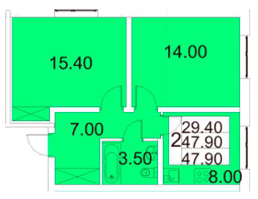 Двухкомнатная квартира 47.9 м²