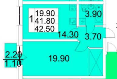 Однокомнатная квартира 42.5 м²