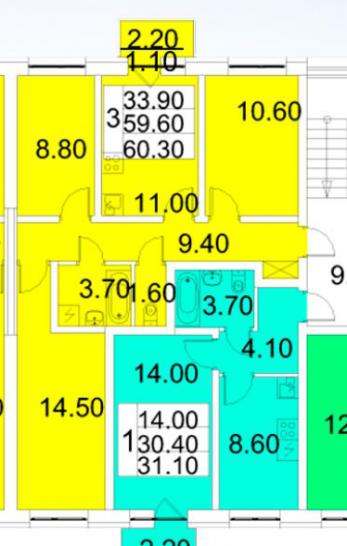Трёхкомнатная квартира 60.3 м²