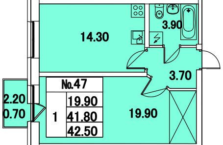 Однокомнатная квартира 42.5 м²