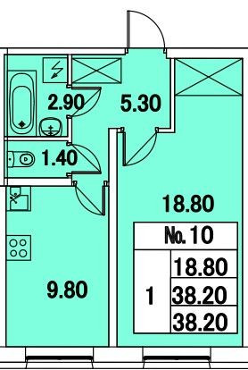 Однокомнатная квартира 38.2 м²