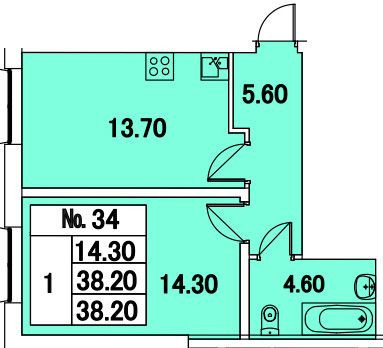 Однокомнатная квартира 38.1 м²