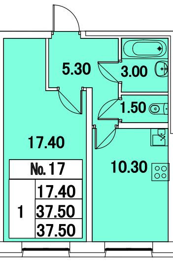 Однокомнатная квартира 37.5 м²