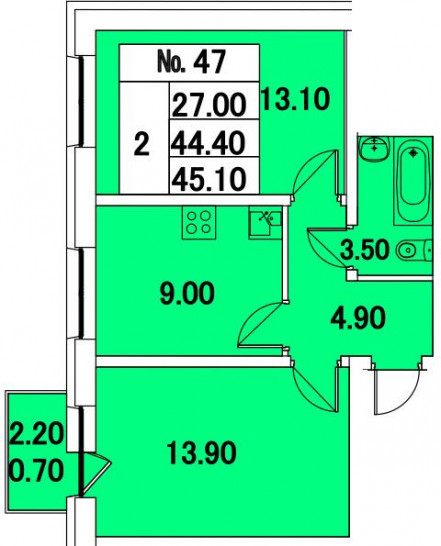 Двухкомнатная квартира 45 м²