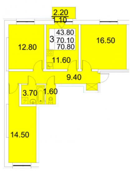 Трёхкомнатная квартира 70.8 м²