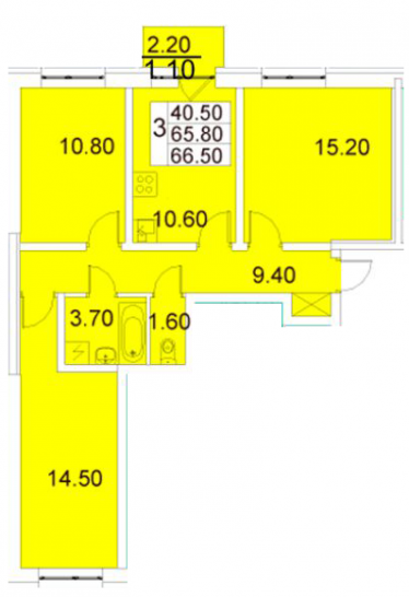 Трёхкомнатная квартира 66.5 м²