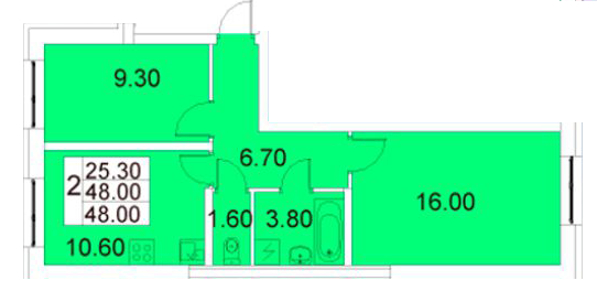 Двухкомнатная квартира 48 м²