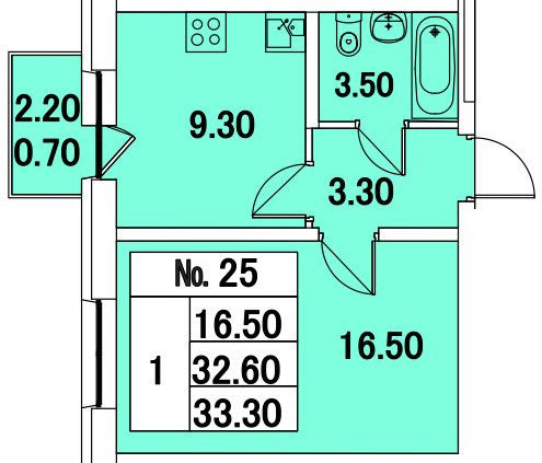 Однокомнатная квартира 33 м²