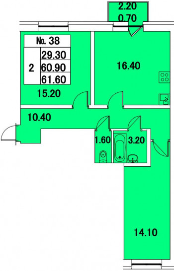 Двухкомнатная квартира 61.6 м²