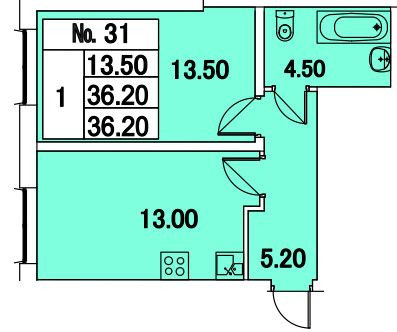 Однокомнатная квартира 36.2 м²
