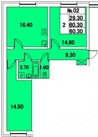 Двухкомнатная квартира 60.3 м²