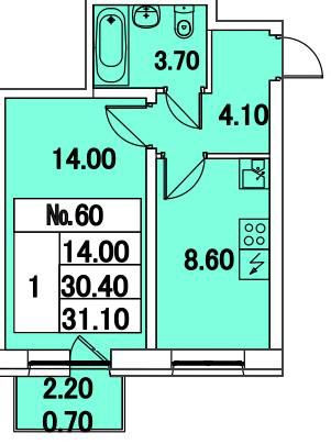 Однокомнатная квартира 31.1 м²