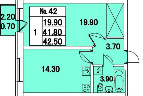 Однокомнатная квартира 42.5 м²