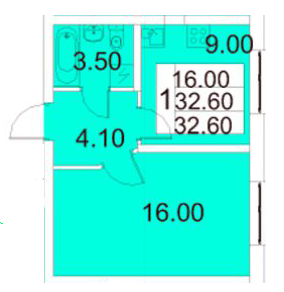Однокомнатная квартира 32.6 м²