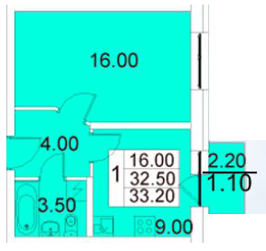 Однокомнатная квартира 33.2 м²