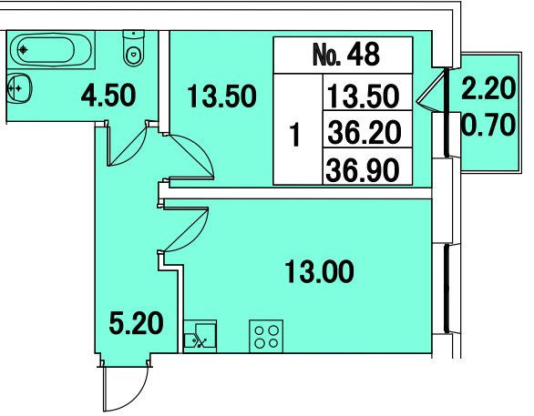 Однокомнатная квартира 36 м²
