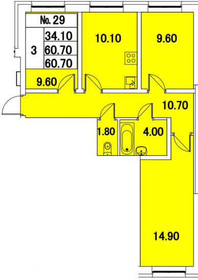 Трёхкомнатная квартира 60 м²